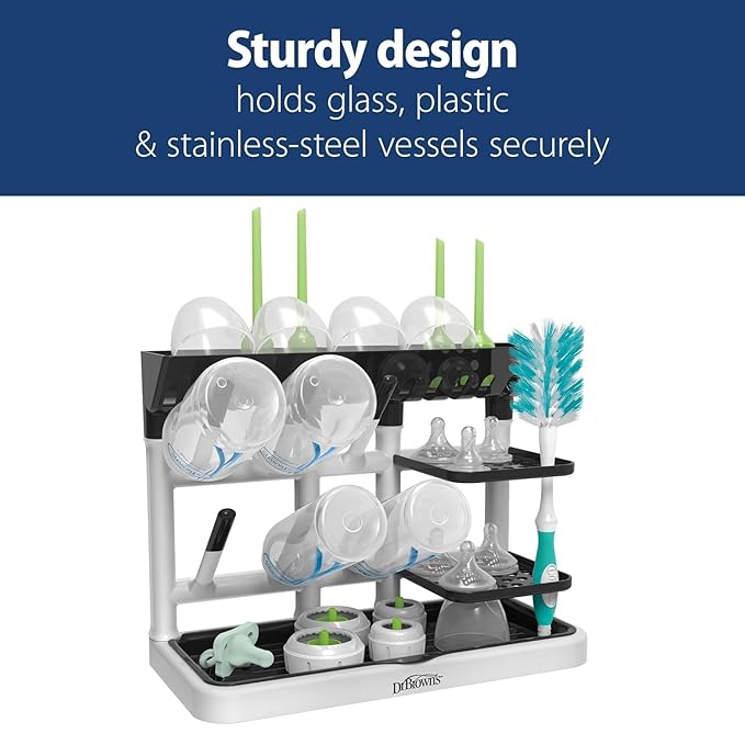 Dr. Brown's Baby Bottle Drying Tower, Stand-Up Drying Rack with Reusable Sponge Baby Bottle Cleaning Brush Set, 3-Pack, Pink