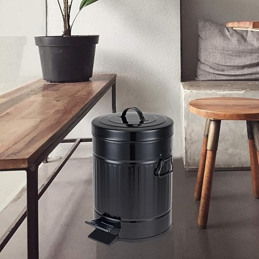Bathroom Trash Can with Lid, Small Waste Basket for Home Bedroom, Retro Step Garbage Can with Soft Close, Vintage Office Trash Can, 5 Liter/ 1.3 Gallon, Glossy Black