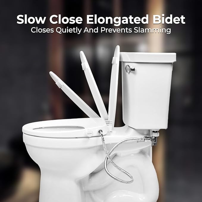 GenieBidet Left Side Bidet Toilet Seat Elongated - Dual Nozzles with T adapter & Bottle - Adjustable Water Pressure & Slow Close Bidet Seat Elongated with No Wiring & Easy Installation