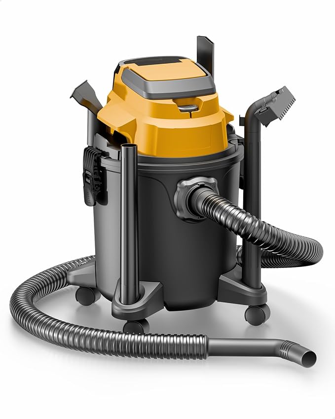 Cordless Shop Vacuum Wet/Dry, for DeWalt 20V Max Battery, 5.2-Gallon Battery Powered Vacuum Cleaner, Lemon, with Hose Nozzles HEPA Filters Wheels (Bare Tool ONLY)