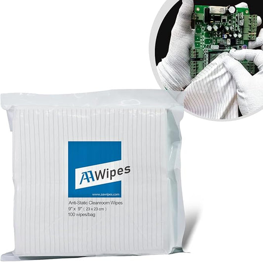 AAWipes ESD-Safe Wipes (9"x9", 100 pcs) - Lint-Free Cleanroom Cloth Wipers, Polyester-Carbon Blend (CE16009)