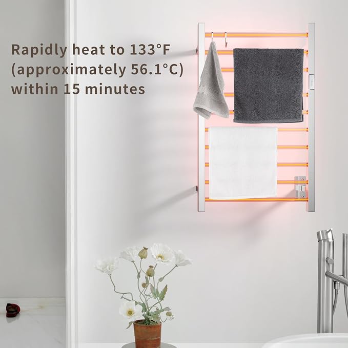 Wall Mounted Towel Warmer Square 10 Bars with Plug-in and Hardwired Options 3 Working Modes Mirror Polished Stainless Steel 21" W 34" H