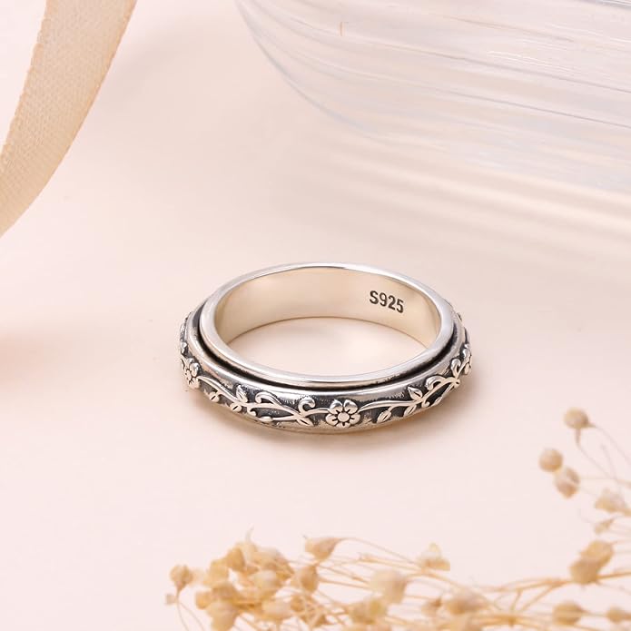 Ladytree Spinner Fidget Anxiety Ring,925 Sterling Silver Stress Relief Worry Ring,Platinum Plated ADHD Autism Jewelry,Birthday Mom Gift for Women