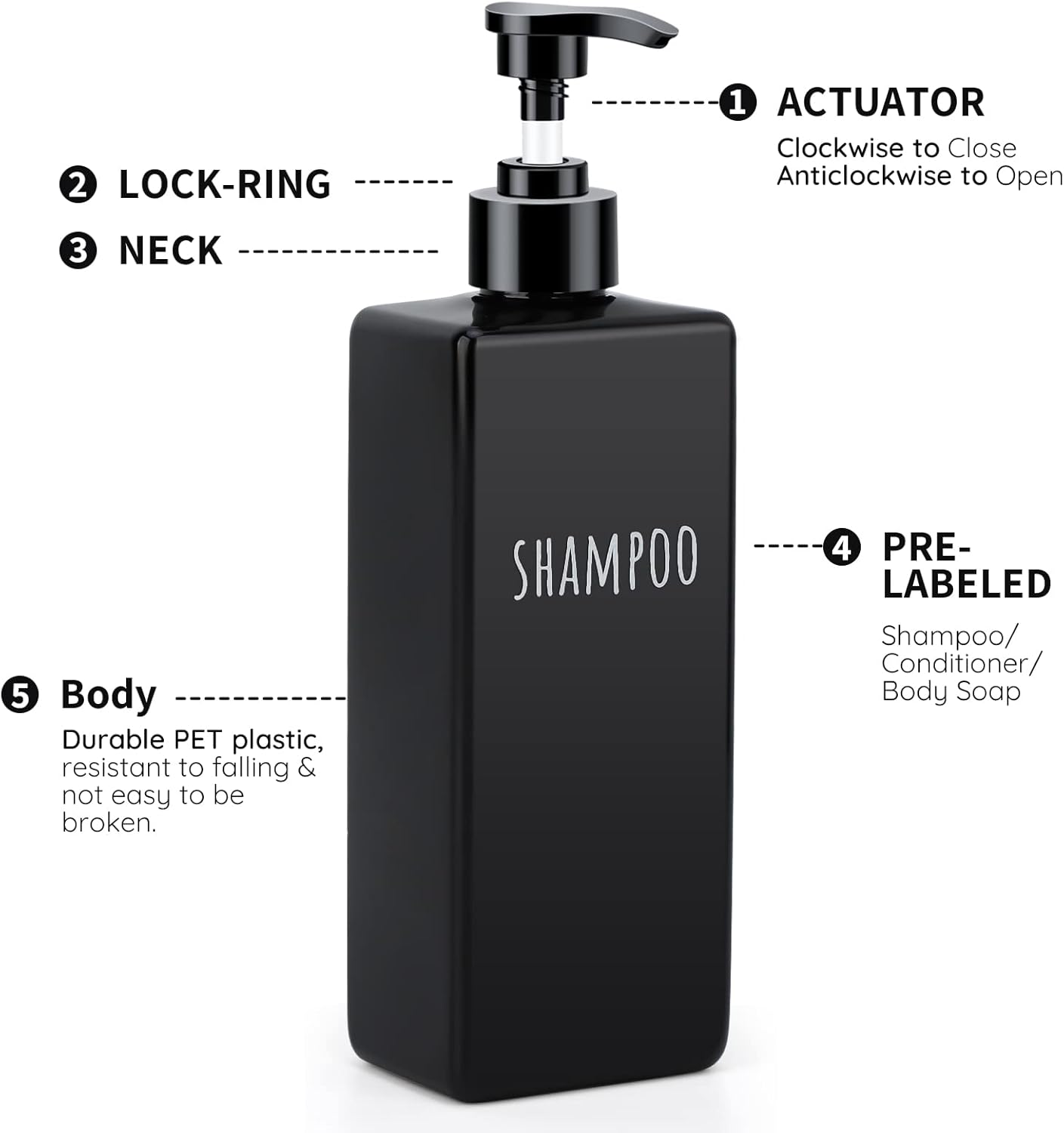 Segbeauty Plastic Square Soap Dispenser Black, 3pcs 16.9oz Refillable Shampoo and Conditioner Bottles, 500ml Empty Reusable Pump Bottle Bathroom Shower Dispenser Set for Body Wash Liquid Gel Lotion