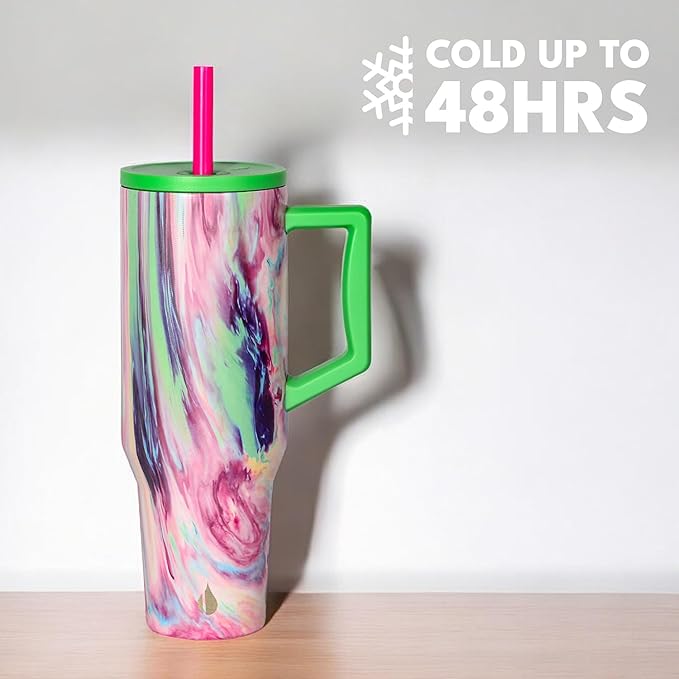 Elemental 40 oz Tumbler with Handle and Straw - Spill Proof Insulated Stainless Steel Commuter for Cold Beverages - Travel Coffee Mug with 2 Straws & Spill Proof Lid - 40oz - Aurora Dream