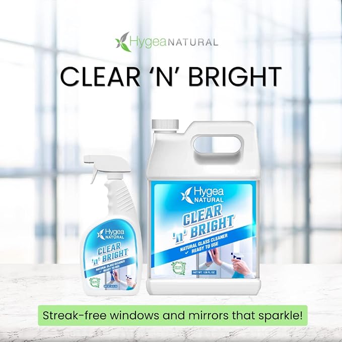 Hygea Natural Clear 'n' Bright - Non-Toxic Glass Cleaner Spray - Streak-Free & Ammonia-Free Window Cleaning - Window & Mirror Cleaning Supplies - Safe & Fast (3 Pack, 24oz Spray)