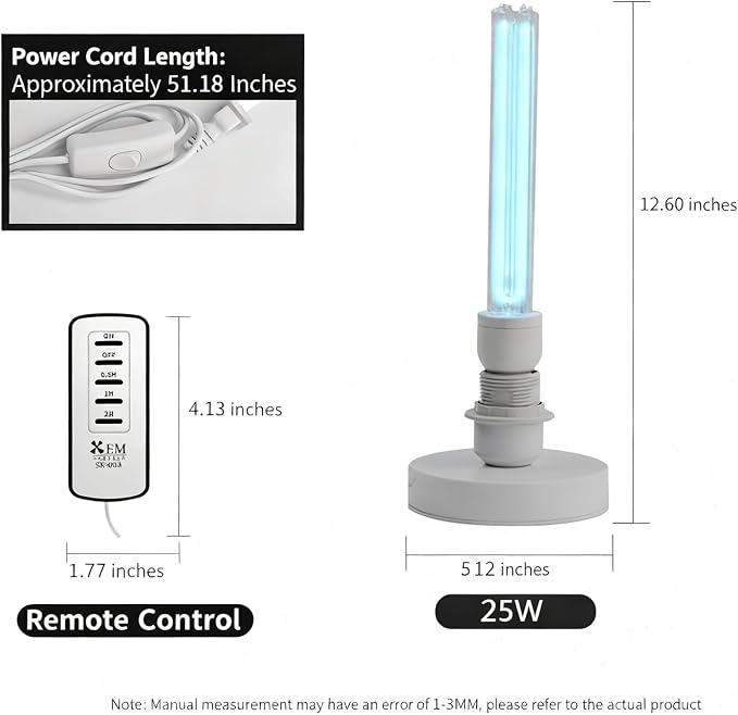 25W UV Light Sanitizer, Ultraviolet Lamp with Remote Control Portable Ultraviolet Light Sanitizer UVC Home Disinfection Device for Home, Room & Kitchen, Ultraviolet Light with 3 Speed Timings