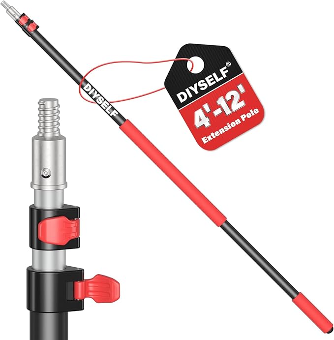 DIYSELF 12 FT Paint Roller Extension Pole, Adjustable Telescoping Pole for Cleaning, Comfortable Grip, Extendable Pole for High Reach Painting & Gutter Cleaning, 4.8-12 Ft Paint Pole