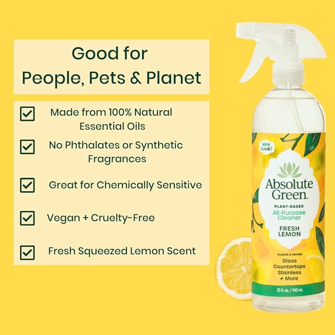 Absolute Green All Purpose Cleaner Spray, Non-Toxic, Kitchen, Bath, Countertop, Stainless, Safe around Kids + Pets, Natural Lemon Scent, 25 oz (2 Pack)