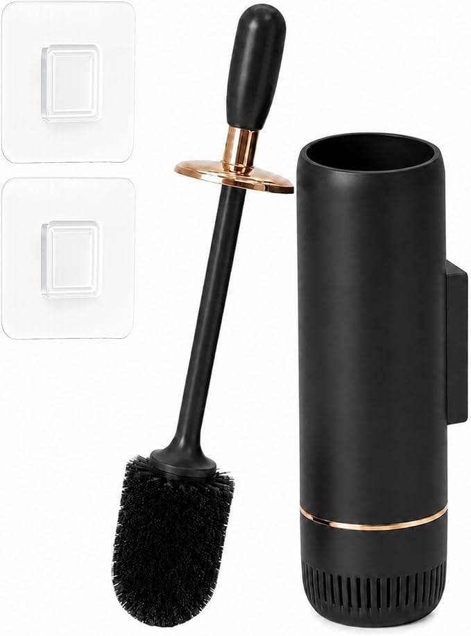 Toilet Brush Set, Dense Nylon Bristles, Wall Mount, Non-Scratch, Black Gold | 16.5" Handle,Splash-Proof,Odor-Locking Lid ,Ventilated Base,Hideaway Brush Head,Thick ABS,2 Adhesive