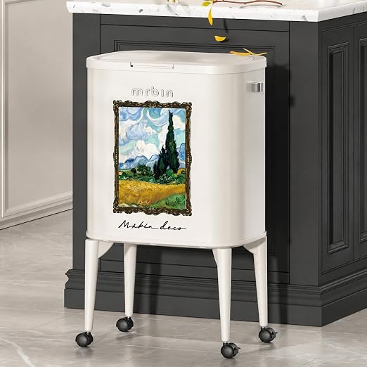 MRBIN Metal Kitchen Trash Can with Wheel Legs, 36L / 9.5gal Medium Press Lid Slim Removable Waste Basket, Pet Proof Tall Narrow Garbage Pail for Vanity, Bedroom, Bathroom, Living Room, Wheatfield