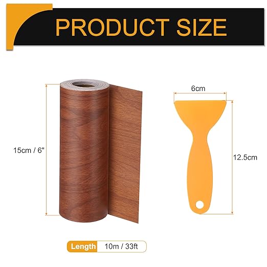 HARFINGTON Wood Grain Repair Tape 6 Inch x 33ft Self Adhesive Repair Patch Tape Simulated Wooden Floor Tapes with Plastic Scraper for Tables Doors Windows Furniture, Bright Brown Wood