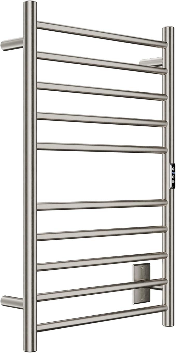 ANZZI Bali Modern 10-Bar Wall Mounted Towel Warmer in Brushed Nickel, Energy Efficient 80W Electric Plug in Heated Towel Rack for Bathroom, Towel Heater Rail with On/Off Switch, TW-AZ075BN