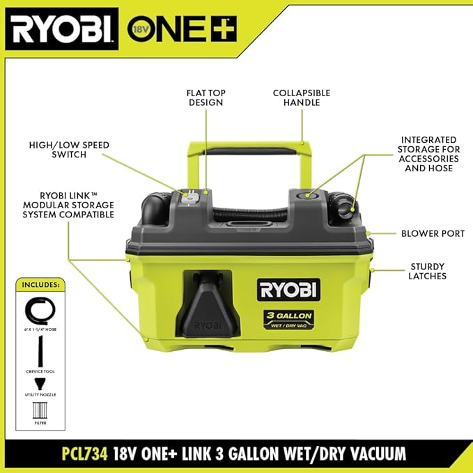 RYOBI ONEAND 18V Link Cordless 3 GAL. Wet/Dry Vacuum Tool ONLY PCL734B | Battery and Charger Sold Separately