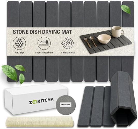 Stone Dish Drying Mat for Kitchen Counter, Large Quick Dry Diatomaceous Earth Stone Drying Mat, Foldable Water Absorbent Dish Drying Mat for Dishes, Cups, Bottles, Kitchen Sink & Countertop (Grey )