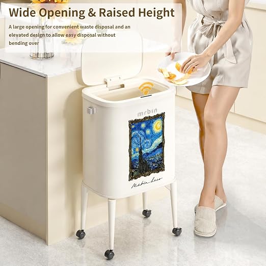 MRBIN Metal Motion Sensor Kitchen Trash Can with Wheel Legs, 36L / 9.5gal Medium Press Lid Slim Waste Basket. Narrow Garbage Pail for Vanity, Living Room, Bathroom, Bedroom, Starry Night