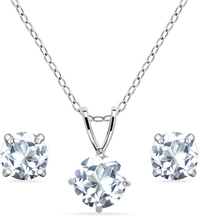 Jewelry Sets for Women, Necklace and Earring Sets for Women, Birthstone Jewelry, Genuine or Synthetic Gemstone, Round Solitaire, Pendant Necklace, Stud Earrings, Sterling Silver Jewelry or Gold Flash