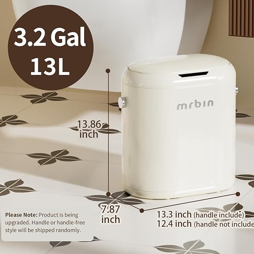 MRBIN Automatic Trash Can for Bathroom, Metal Touchless Garbage Bin with Lid, 3.2 Gallon Small Slim Trash Can for Office and Kitchen, Electric Motion Sensor Bedroom No Touch Bin, Cream White