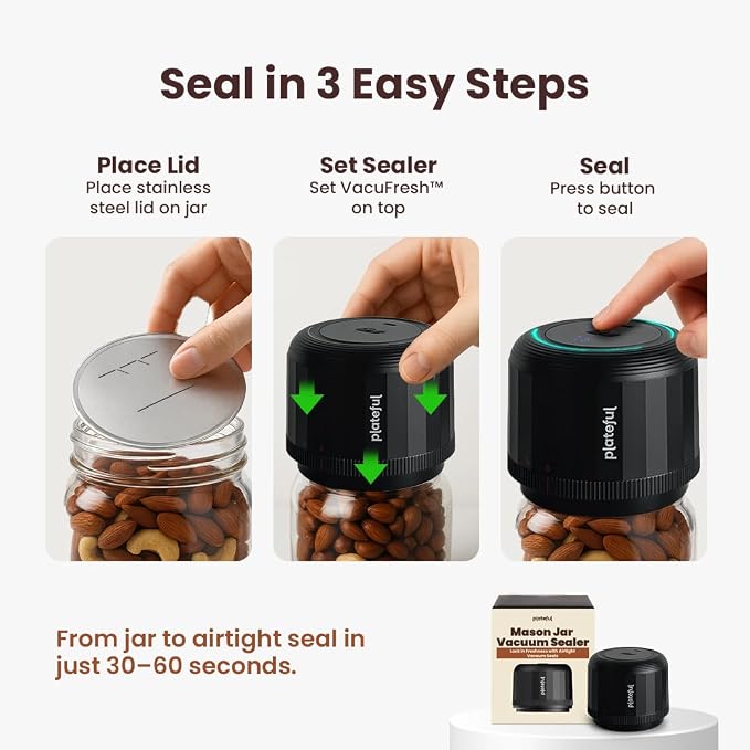 Plateful VacuFresh Electric Mason Jar Vacuum Sealer Kit (10 Lids Included) - For Wide Mouth & Regular Mouth Jars, Cordless, Portable Jar Vacuum Sealer For Food Storage With Lids, Opener, Charger