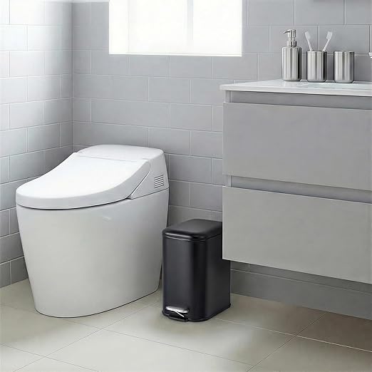 GlowSol Bathroom Trash Can with Lid, 1.3 Gallon 12 L Stainless Steel Step Trash Can with Removable Liner Bucket, Slim Small Wastebasket for Toilet Bedroom Office, Black