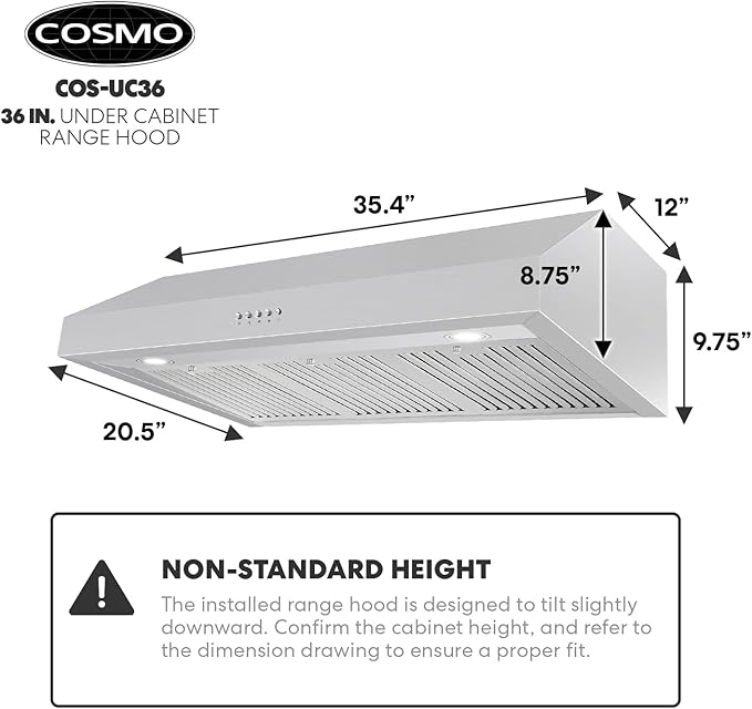 COSMO UC36 36 in. Haven Collection 380 CFM Ducted Under Cabinet Range Hood, LED Lights, Button Controls, Stainless Steel