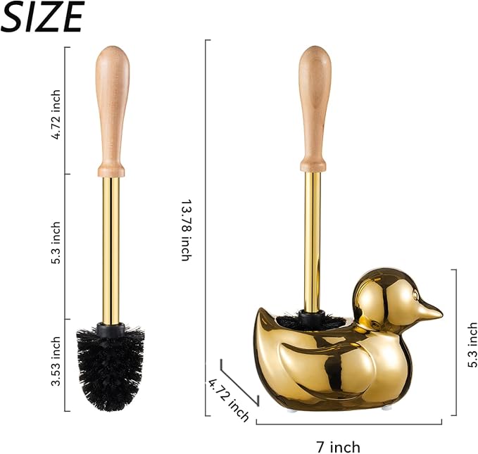 Gold Duck Toilet Brush and Holder Set,Non-Slip Handle Toilet Bowl Brush with Wooden & Stainless SteelHandle, Practical Bathroom Accessories Cleaning Tools Set，1 pcs