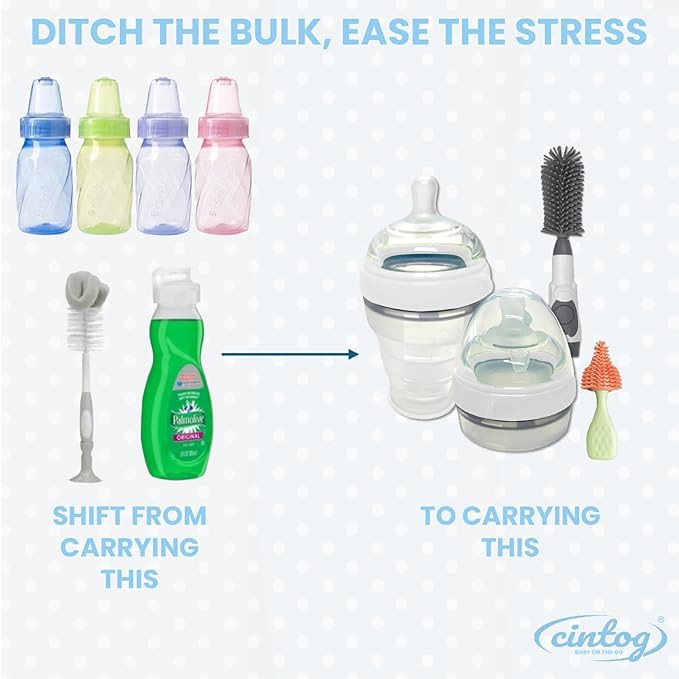 2 Pack Collapsible Baby Bottle Set with Soap Dispensing Brush Kit, 6oz, Push Press Design for Efficient Easy Cleaning for Bottle, Breast Pump, Nipple