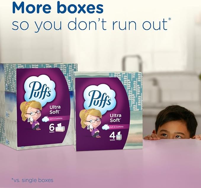 Puffs Ultra Soft Facial Tissues, 24 Family Boxes, 124 Tissues per Box