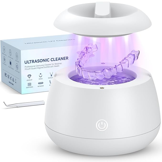 TEBAL Ultrasonic Retainer Cleaner Machine, 52kHz Ultrasonic Denture Cleaner for Night Guards, Braces, Aligner, Toothbrush, Jewelry and More, Dental Cleaning Pod with Digital Timer & 250ML, White