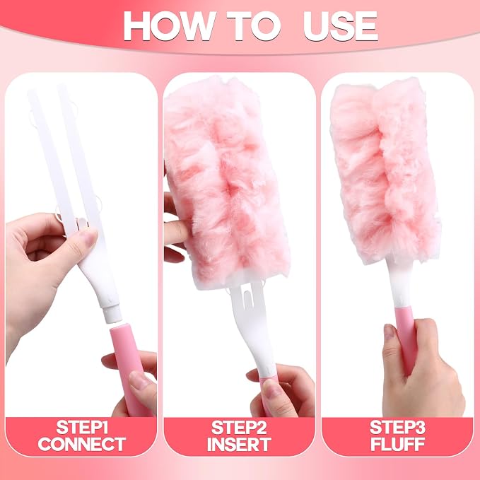 Mifoci 60 Count Pink Duster Refills Compatible with Swiffer Handle, Disposable 360° Multi-Surface Electrostatic Dusting Pads with 1 Handle Cleaner Kit for Blinds Ceiling Fans Furniture Cleaning