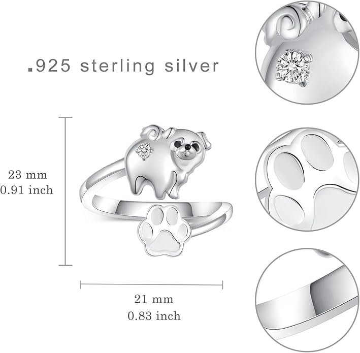 Dog Ring for Women Sterling Silver Yorkie/Pug Ring Dog Jewelry for Women