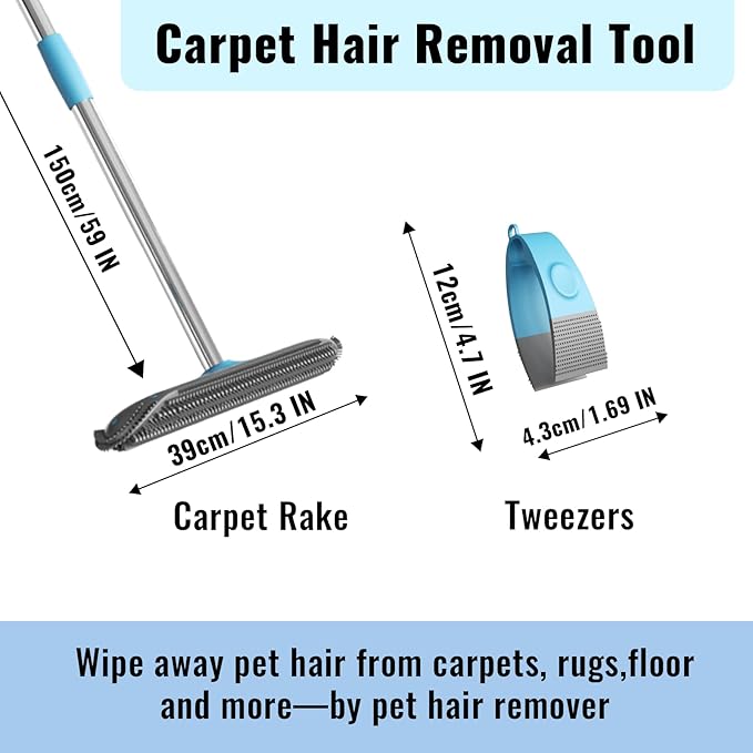 Carpet Rake for Pet Hair Removal Tool, 2 in 1 Carpet Scraper with 59" Adjustable Handle, Silicone Rug Rake for Dog & Cat Fur Hair, Pet Hair Remover for Rugs, Mats, Couch, Furniture, Floor