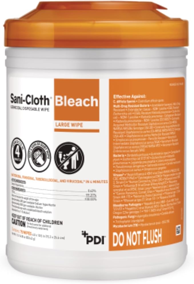 Sani-Cloth Bleach Disposable Wipes, Full Case, Hospital-Grade Surface Disinfecting Wipes for Healthcare and Bathroom, Large Wipe, 6" x 10.5", 75 Wipes per Canister, 12 Canisters Total, 900 Total Wipes