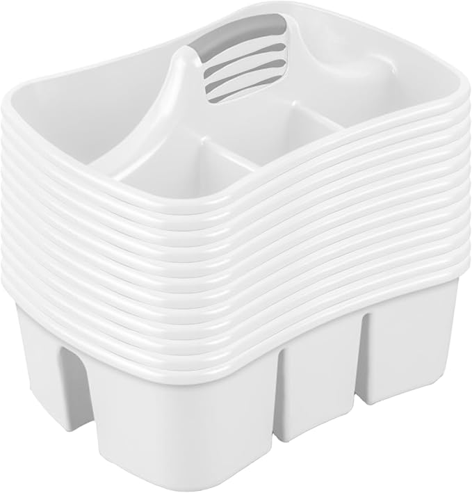 Sterilite Divided Ultra Caddy, Plastic, Portable Storage to Hold Bathroom and Cleaning Supplies, 5 Large Compartments and Handle, White, 12-Pack