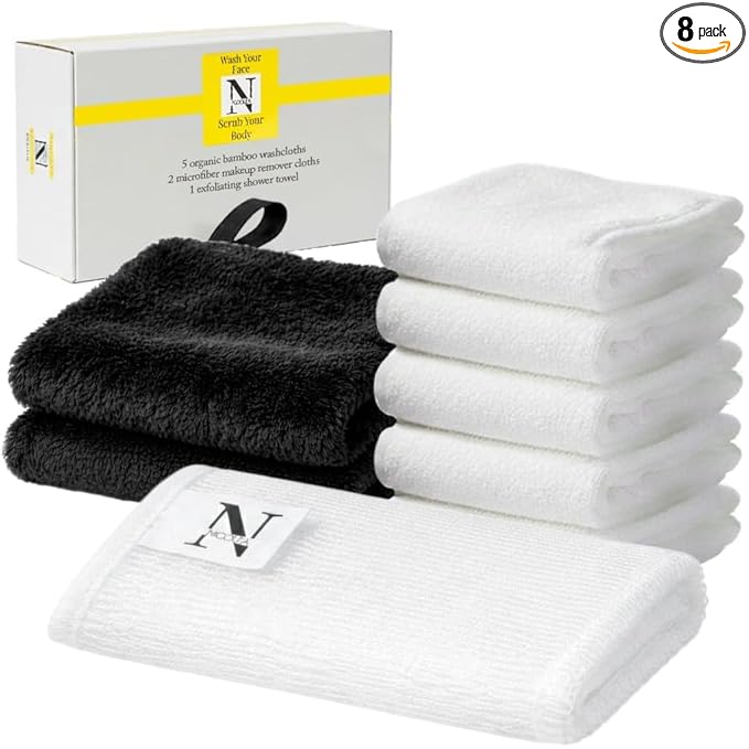 NICOLEA 100% Organic Bamboo Facial Cloths & Skincare Set - 8 Piece Luxury System: 5 Bamboo Viscose Facial Towels, 2 Microfiber Makeup Remover Cloths & 36” Exfoliating Shower Towel – Premium Skincare