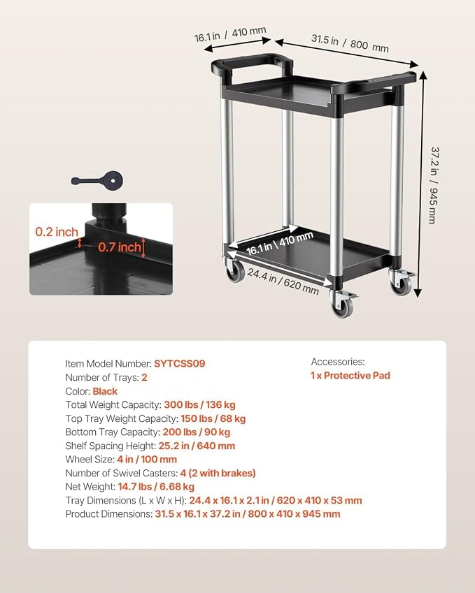 VEVOR Utility Cart, 300 lbs Load Capacity, 2-Tier Utility Plastic Cart with 360° Swivel Wheels (2 with Brakes), 24.4 x 16.1-inch Food Service Cart for Warehouse, Office, Home, Restaurant, Kitchen