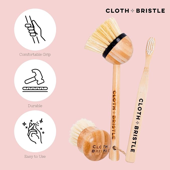 CLOTH & BRISTLE Bamboo Cleaning Brush Combo Set, Versatile Dish Scrub, Pot, and Detail Brushes for Kitchen, Grout, and Household Cleaning, Sustainable Bamboo Handles, Wooden, 197644993802