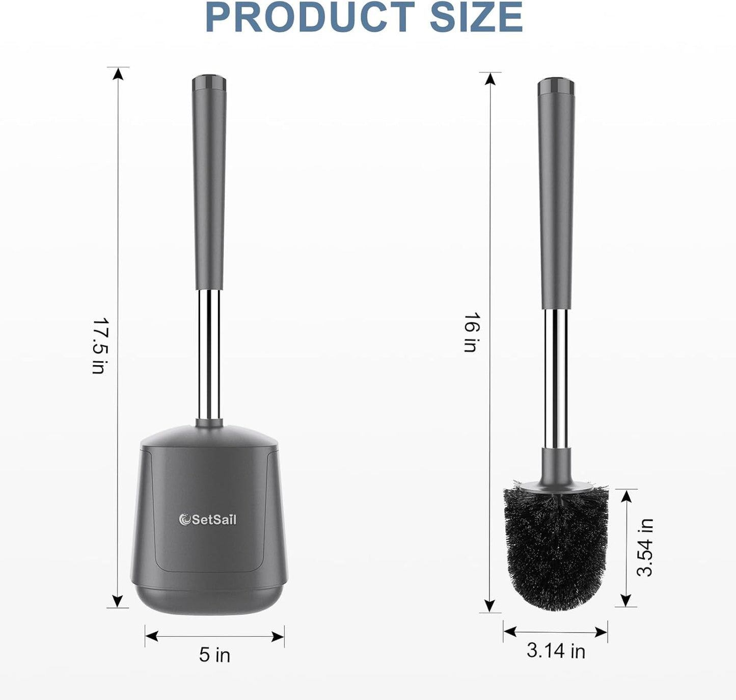 SetSail Toilet Brush and Holder, Self Closing Lid Toilet Bowl Brushes Holder and Extra Long Handle Ventilated Toilet Brush Set for Bathroom Cleaning, Nylon Bristles, Grey