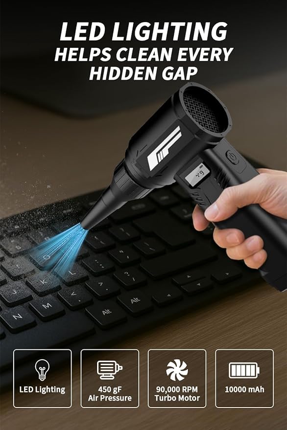 Instant Dust Removal — Finect Compressed Air Duster 90,000 RPM with 40mm Nozzle, LED Light, TFT Display, 9-Speed Adjustable Rechargeable Air Duster, 10,000mAh Battery, 5 Nozzles for Computer,blowers