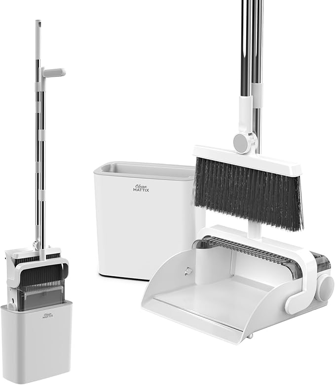 DustDockPro: Self-Emptying Broom and Dustpan Set with Built-in Trash Can – Hands-Free No-Bend Disposal, Upright Sweeper with Comb Teeth for Pet Hair, Long Adjustable Handle, Floors, Tile & Kitchen