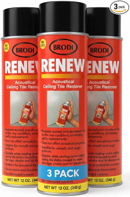 Renew Ceiling Tile Spray Paint, Commercial-Grade, Conceals Water & Smoke Stains, Fire-Retardant, Preserves Acoustics (Pack of 3)