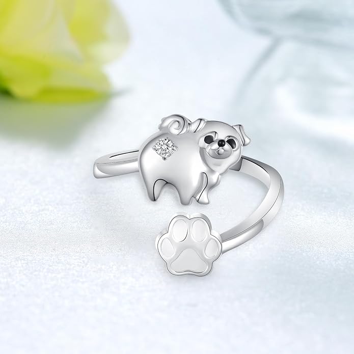 Dog Ring for Women Sterling Silver Yorkie/Pug Ring Dog Jewelry for Women