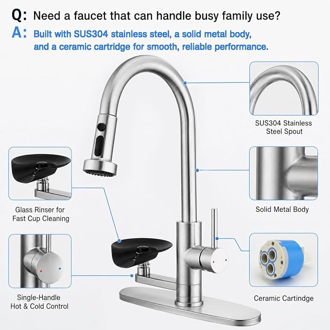 Kitchen Faucet with Glass Rinser, Pull Down Sink Faucet with 3 Spray Modes and High Pressure Glass Rinser, Single Hole 2 in 1 High Arc Stainless Steel Kitchen Faucets (Brushed Nickel)