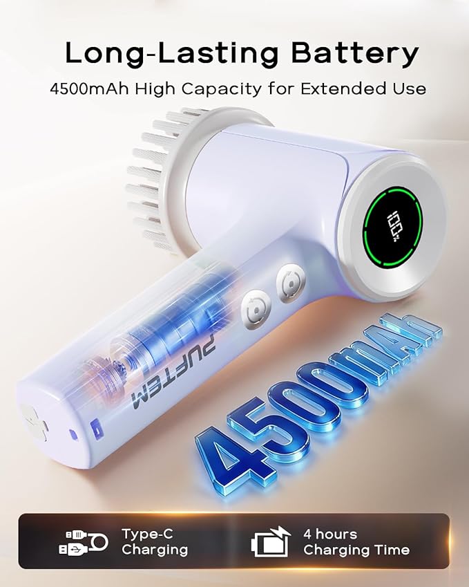 PUFTEM Upgraded Electric Spin Scrubber, Powerful Cordless Shower Scrubber with 4500mAh Large Battery & Speed Display, 6 Replaceable Brush Heads, Cleaning Brush for Bathroom Tile Tub Floor (Purple)
