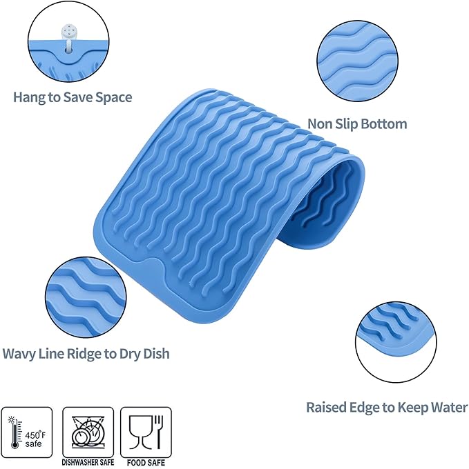 MicoYang Silicone Dish Drying Mat for Multiple Usage,Easy clean,Eco-friendly,Heat-resistant Silicone Mat for Kitchen Counter or Sink,Refrigerator or Drawer Liner Lichen BlueL S 12 inches x 6 inches