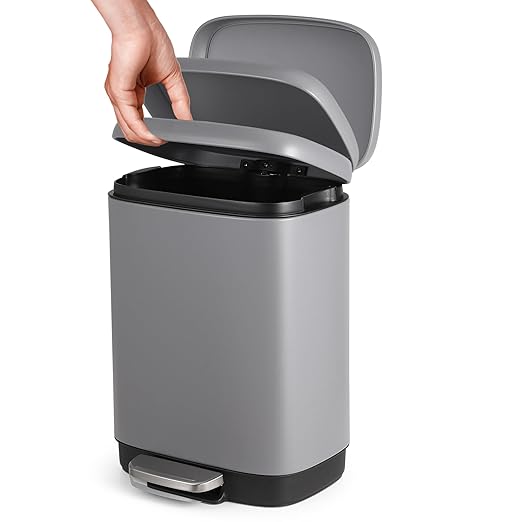 12L Bathroom Trash Can with Lid, Stainless Steel Kitchen Trash Can with Odor-Protective Lid | Hands-Free, with Foot Pedal and Trash Bag Ring, Removable Inner Bin, Suitable for Bathrooms, Gray