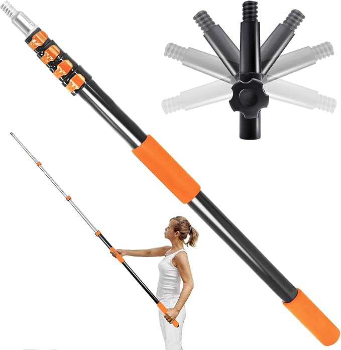 28FT Reach Telescopic Extension Pole, 5-20FT Multi-Purpose Extendable Pole with Universal Twist-on Metal Tip, Lightweight Sturdy Aluminum Paint Roller Extension Pole for Dusting Painting Cleaning