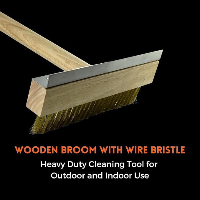 Premium Wooden Broom with Wire Bristle - Heavy Duty Cleaning Tool for Outdoor and Indoor Use, Perfect for Patio, Garage, and Kitchen