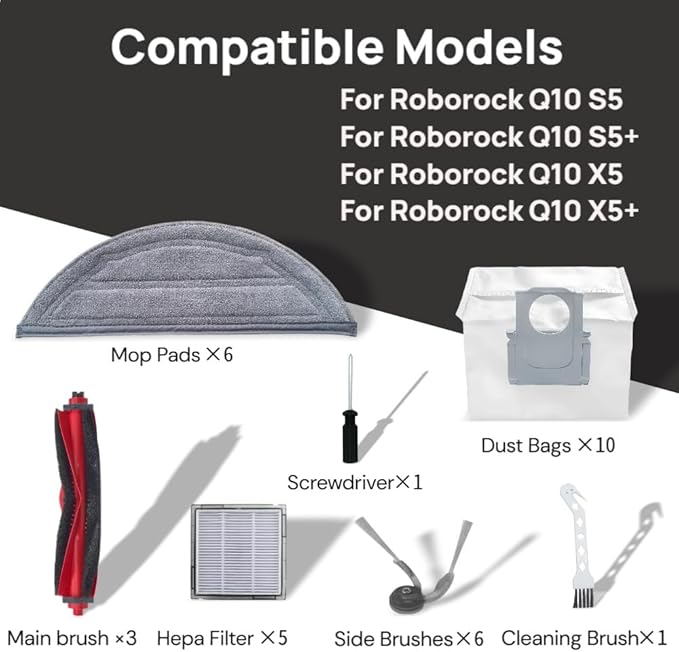 32Pcs Replacement Parts for Roborock Q10 S5/ Q10 S5+/ Q10 X5/ Q10 X5+ Vacuum Cleaner Accessories Kit,3 Main Brush,6 Mop Pads,5 Filters,6 Side Brush,10 Dust Bags,1 screwdriver，1 Cleaning brush
