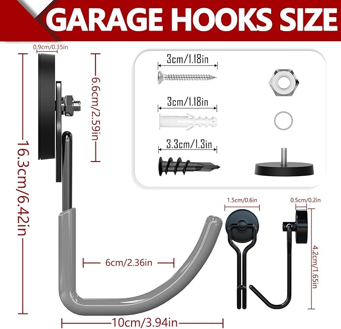 3-H Extra Strong Magnetic Hooks,Heavy Duty Large Anti-Slip Magnet Hooks J Shape,No-Drill Tool Holder for Garage,Power Drill,Garden Tools,Hose Storage,4 Pack Gray